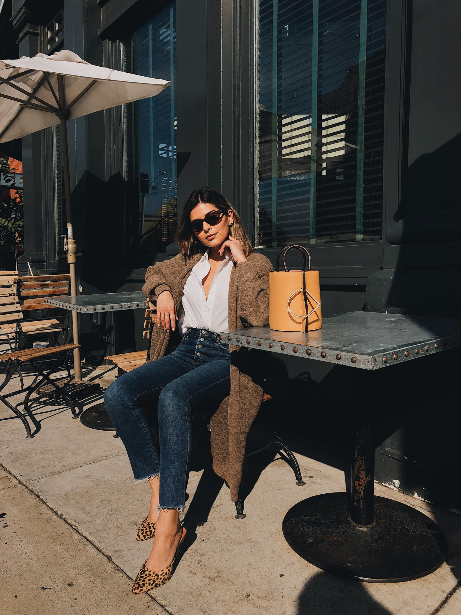 A Guide to the Best Fall Sweaters by Pam Hetlinger | TheGirlFromPanama.com | Cardigan, White Button down, jeans, leopard mules, danse lente bobby bag