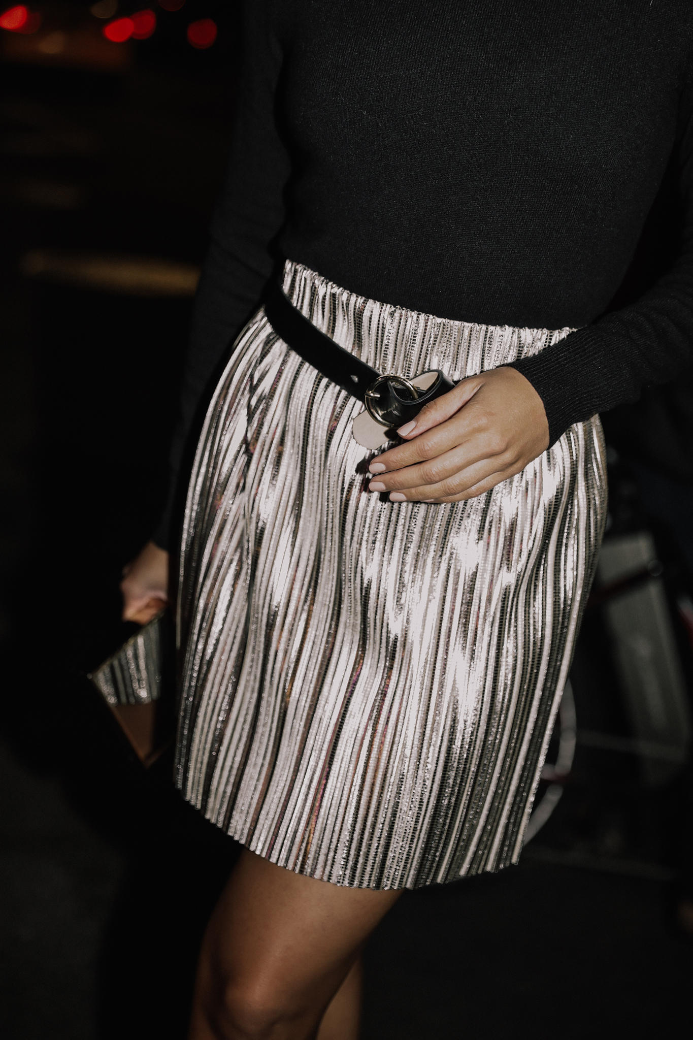 5 Festive Pieces to Wear to Your Next Holiday Party by Pam Hetlinger | TheGirlFromPanama.com | Metallic Skirt, holiday party outfit 2018, festive holiday party look, mini skirt and booties, winter party look