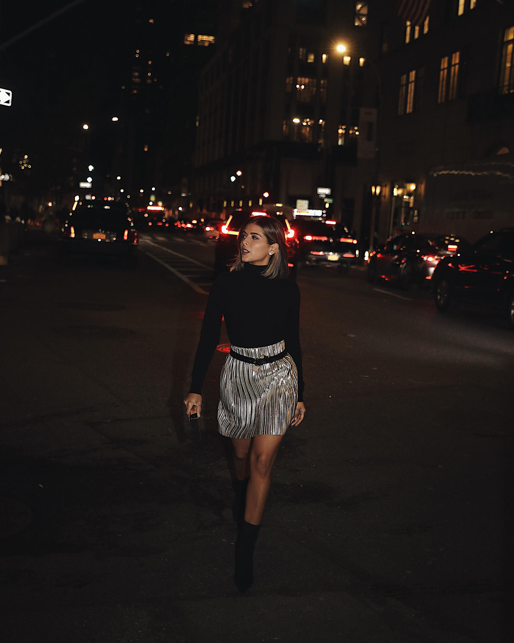 5 Festive Pieces to Wear to Your Next Holiday Party by Pam Hetlinger | TheGirlFromPanama.com | Metallic Skirt, holiday party outfit 2018, festive holiday party look, mini skirt and booties