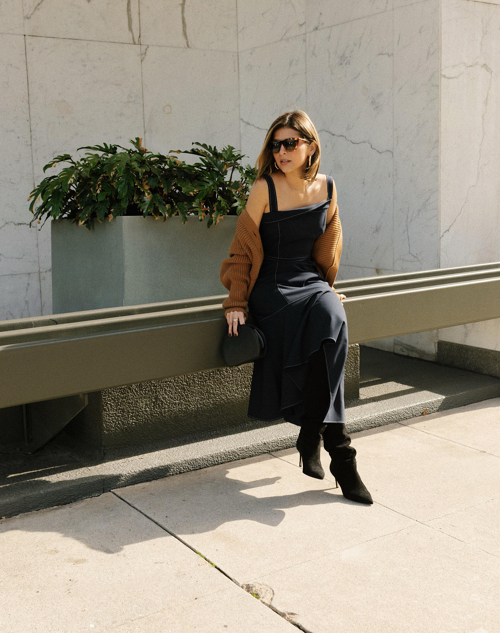 How to Wear Dress with Boots by Pam Hetlinger | TheGirlFromPanama.com | Adeam Cardigan, Adeam Dress, slouchy boots, dress with boots outfit