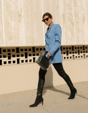 Colors I Can't Wait to Wear for Spring by Pam Hetlinger | TheGirlFromPanama.com | trending spring colors, camilla and mark blue jacket, pale blue for spring, staud shirley bag, staud pvc bag