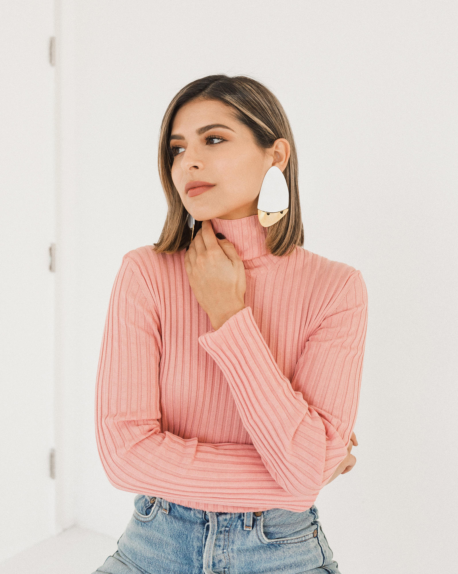 Pink mock store neck top