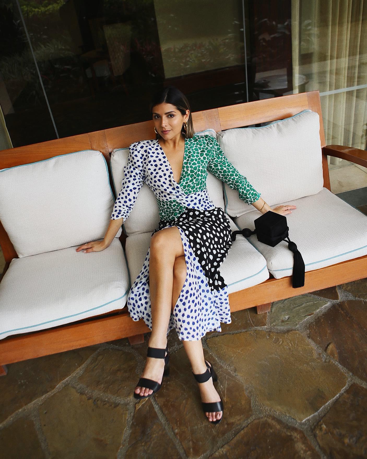 pam hetlinger wearing rixo dress, franco sarto sandals | the girl from panama