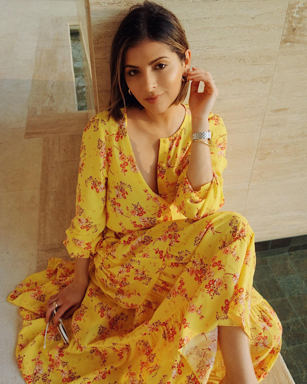 pam hetlinger wearing yellow dress, yellow zara dress, by far heels | the girl from panama