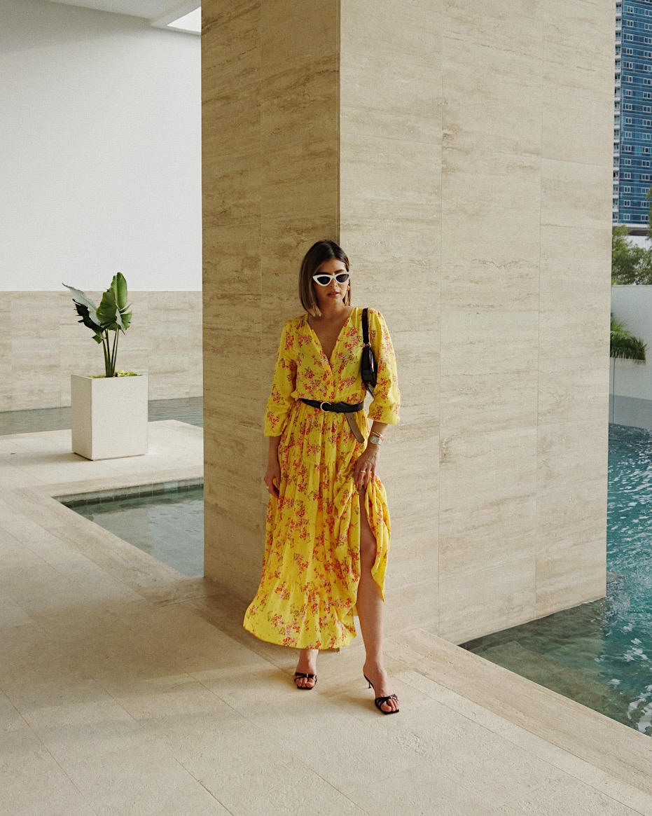 pam hetlinger wearing yellow dress, yellow zara dress, by far heels | the girl from panama